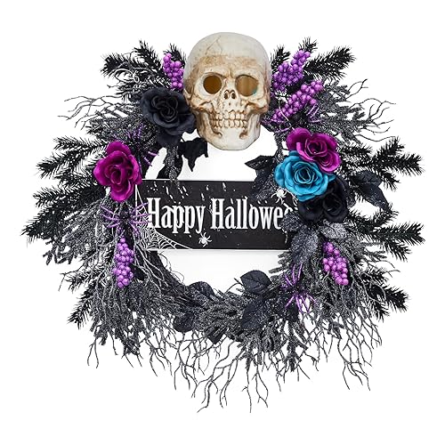 22 in Halloween Wreath for Front Door, Halloween Skull Wreath