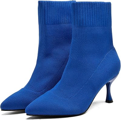 WONDERWAY Womens Knit Ankle Boots Pointed Toe Kitten Heels Booties Winter Stiletto Mid Heel Sock Boots Shoes