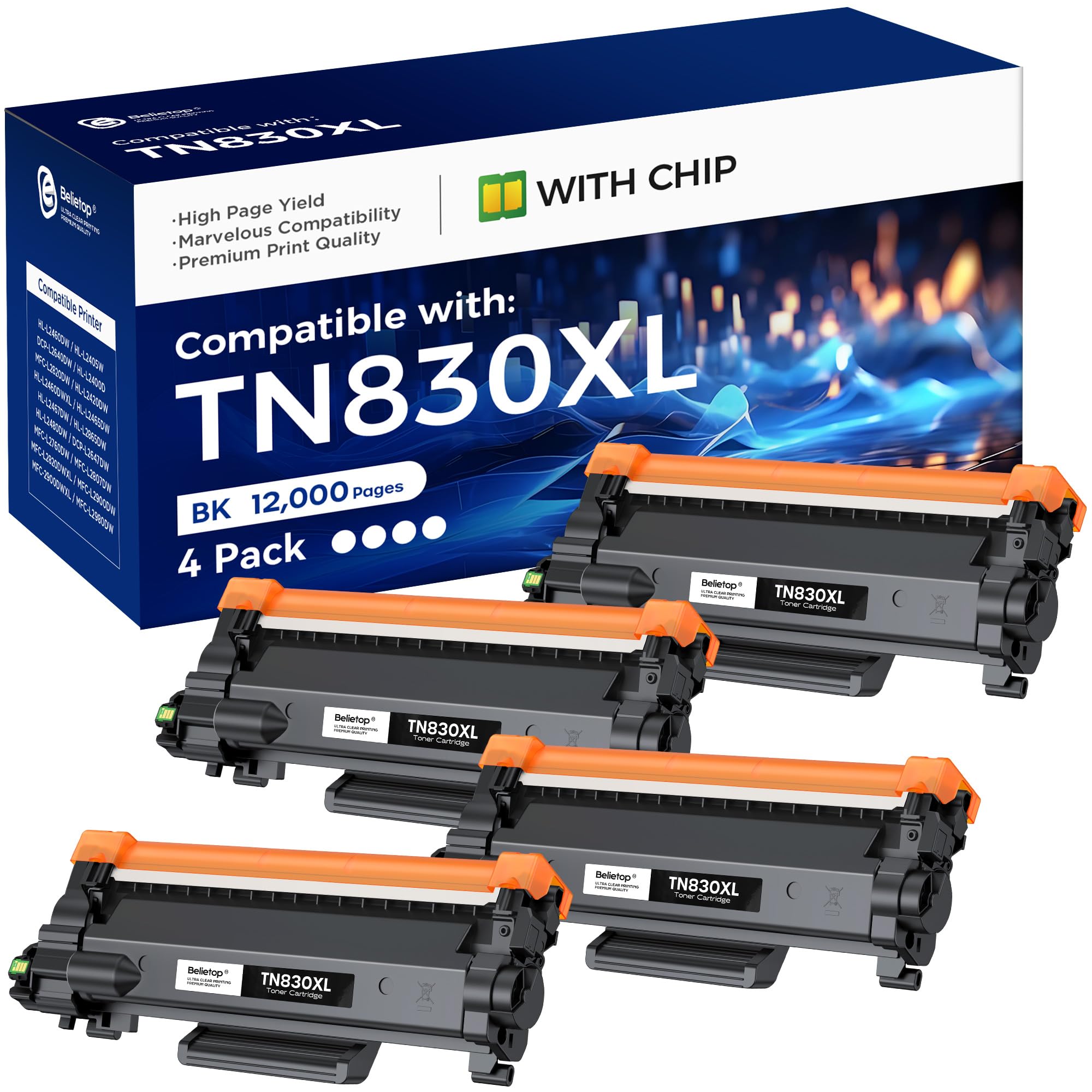 Photo 1 of belietop Compatible TN830XL Toner Cartridge High Yield Replacement for Brother TN830 TN-830 use with HL-L2460DW DCP-L2640DW HL-L2405W MFC-L2820DW HL-L2480DW Printer (4 Pack Black 12000 Pages)