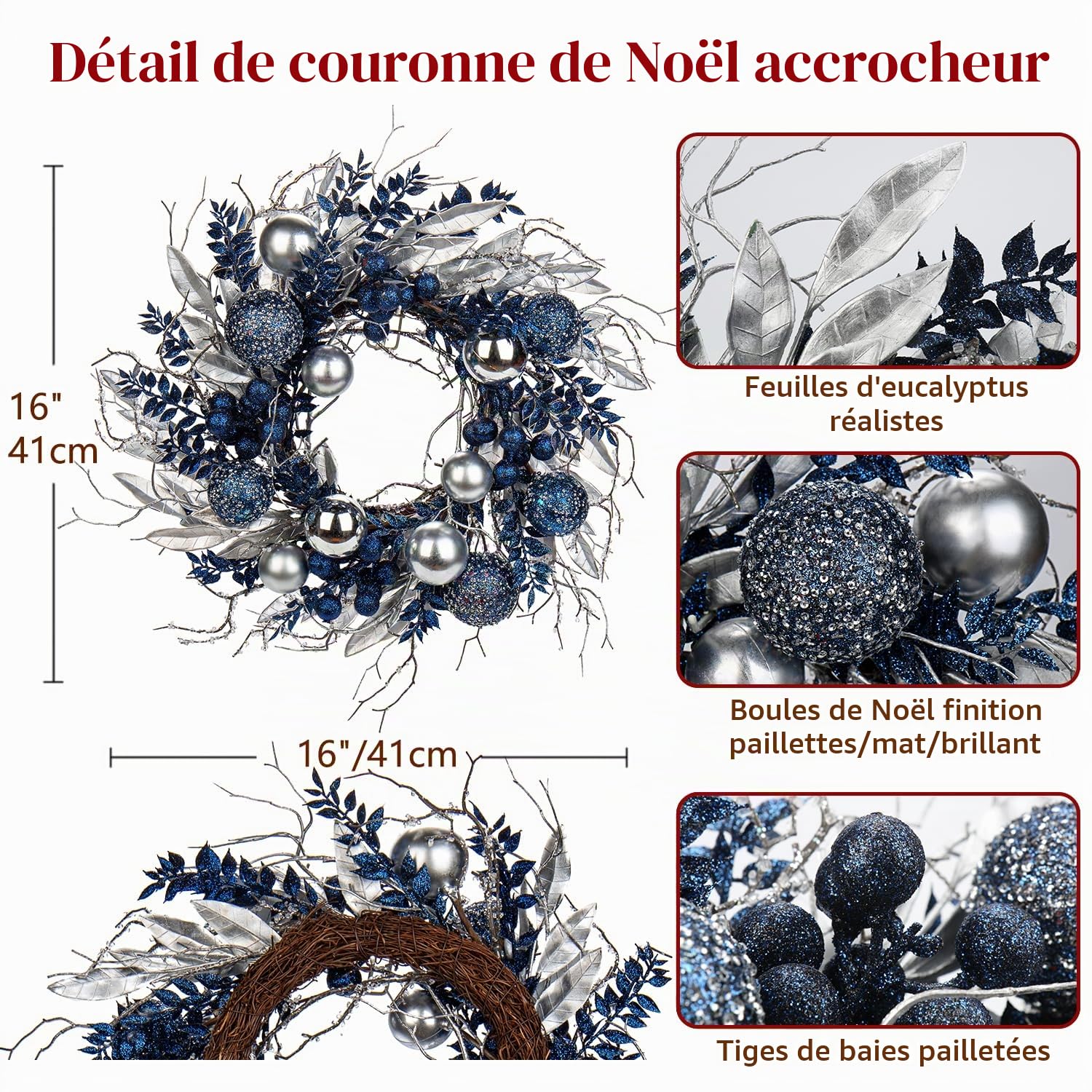 Couronne de Noël pour Porte - Couronne de l'Avent Bleue avec Boules et Branches - Décoration de Table - Diamètre : 40 cm