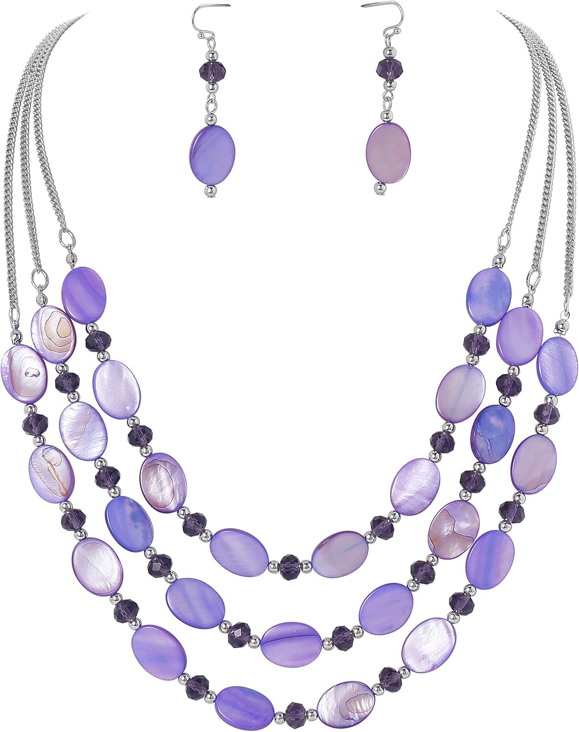 Firstmeet 3-Layer Mother of Pearl Beads Necklace with Earrings Oval Beads Pendant Jewelry for Women