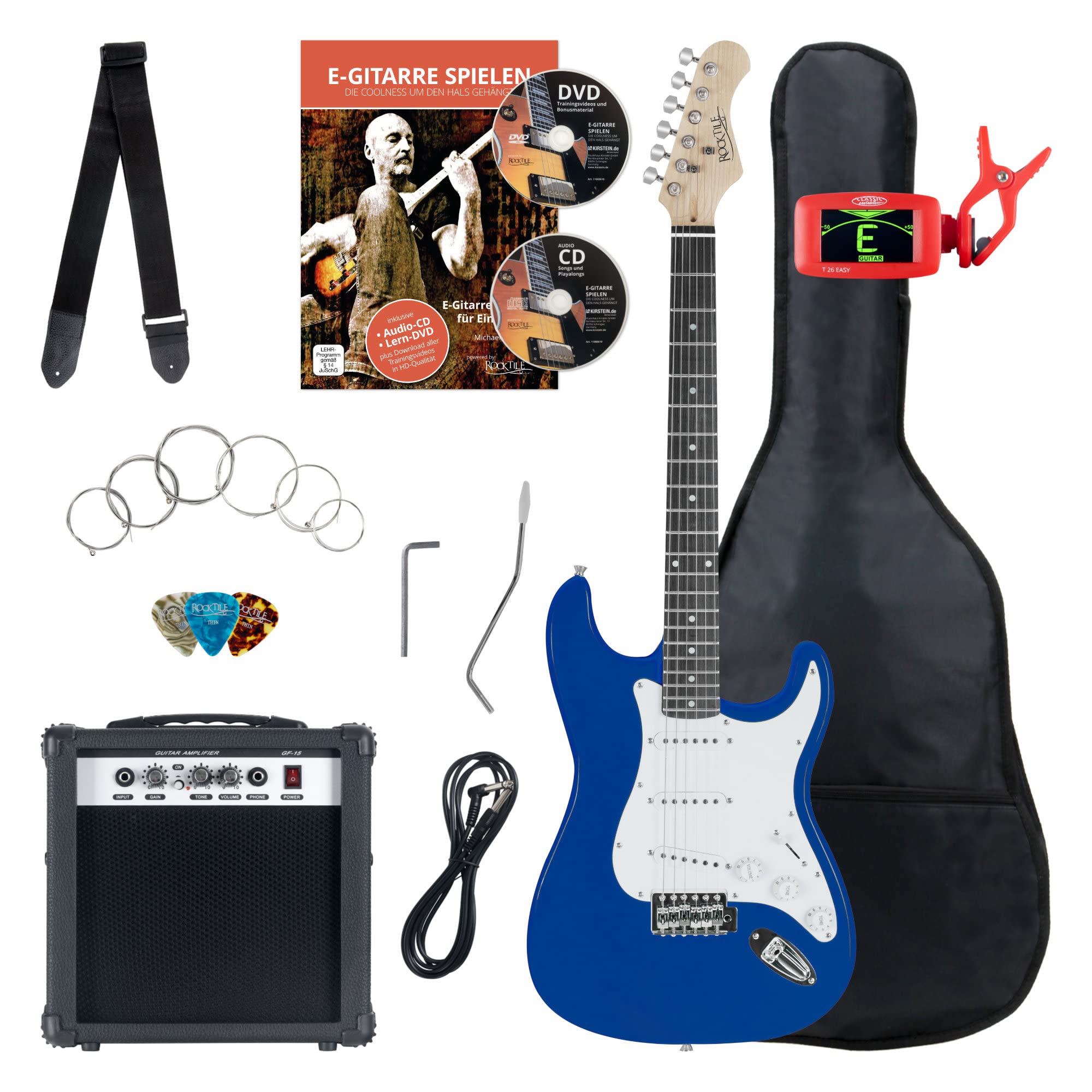 Set De Guitarras Eléctricas Rocktile Banger's Pack Blue Incl. Amplificador | Guitarra Rocktile Estilo ST, Acabado Blue, 3 Pastillas Single-Coil, Selector De 5 Posiciones, 1 Control De Volumen/ 2 De Tono