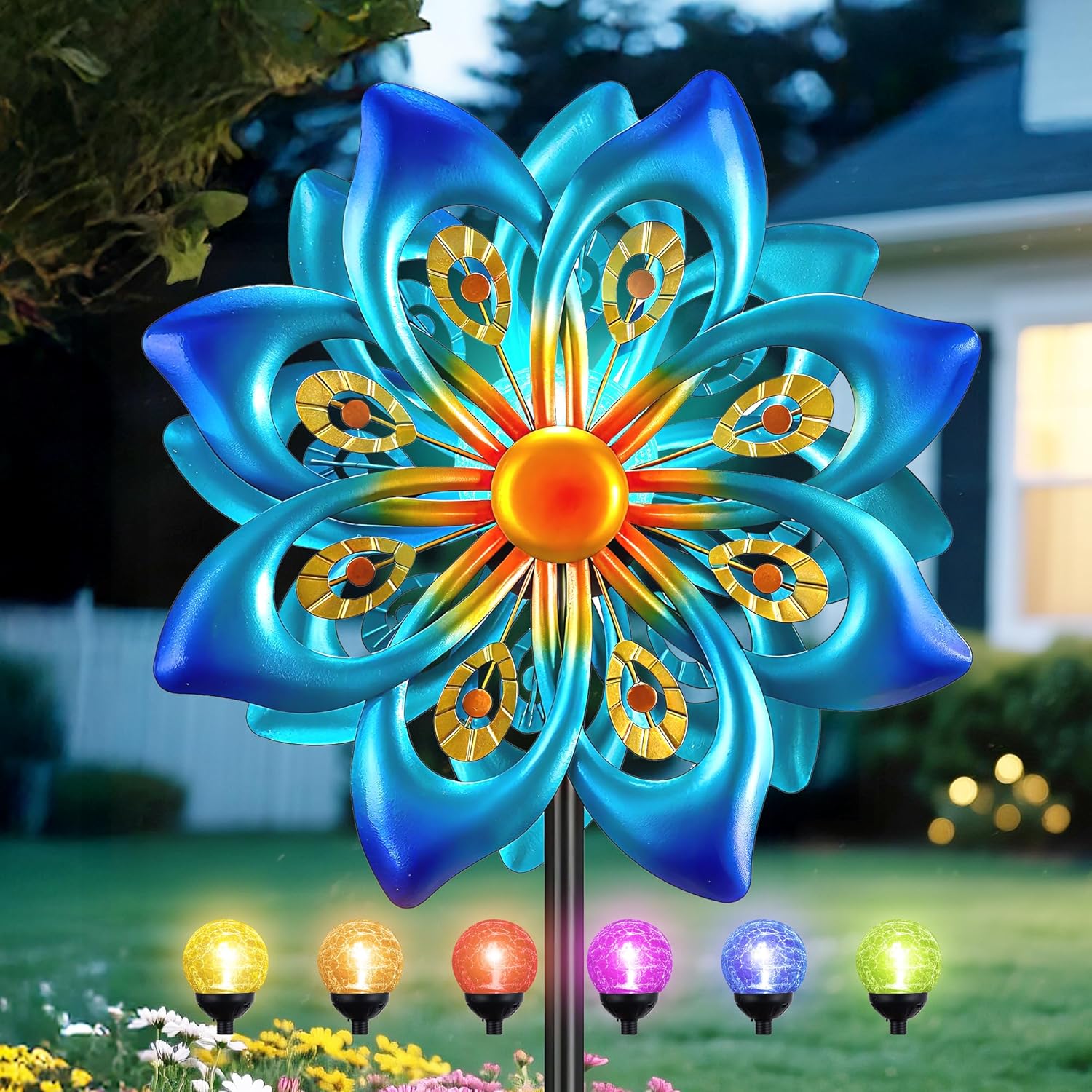 Solar Wind Spinners Outdoor - H60xW13 Metal Yard Art Kinetic Wind Spinners with Colorful LED Crackle Ball, Peacock-Style Windmill for Yard Lawn Garden Decor, Gardening Gifts for Women