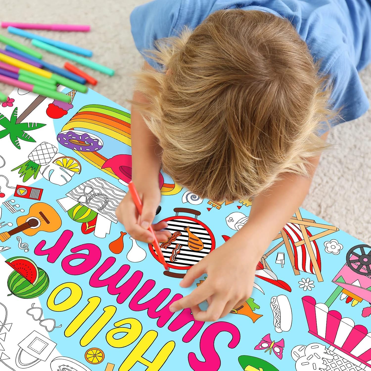 ZOIIWA Hello Summer Coloring Poster Giant Coloring Poster Large Summer Coloring Tablecloth Jumbo Coloring Books Classroom Home Birthday Party Supplies Favor 31.4 x 43.3 Inch