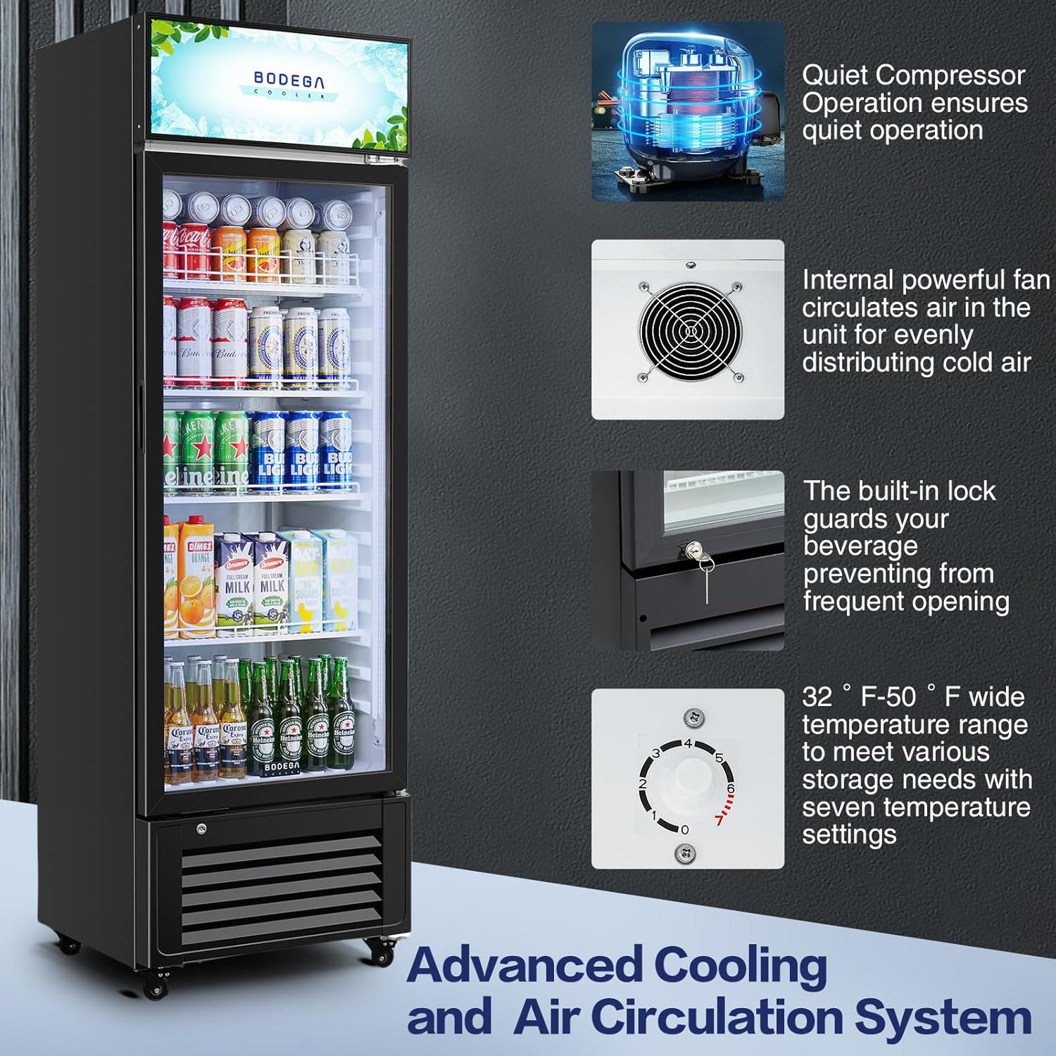BODEGACOOLER Commercial Refrigerators with 4 shelves, 240 cans &160 bottles Beverage, 11.3 Cu. Ft. Commercial Merchandiser Refrigerators with Soft LED Light,For Garage, Gym, Man cave, Shop, Office.