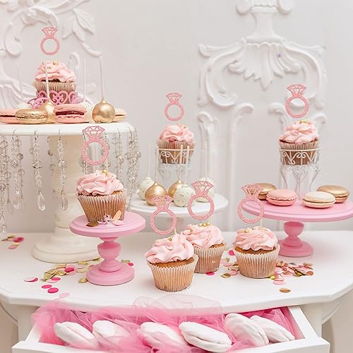 Miniatura 6 de 24 piezas de anillo de dona de diamante con purpurina de oro rosa para decoración de cupcakes, decoración de pasteles de compromiso, despedida de