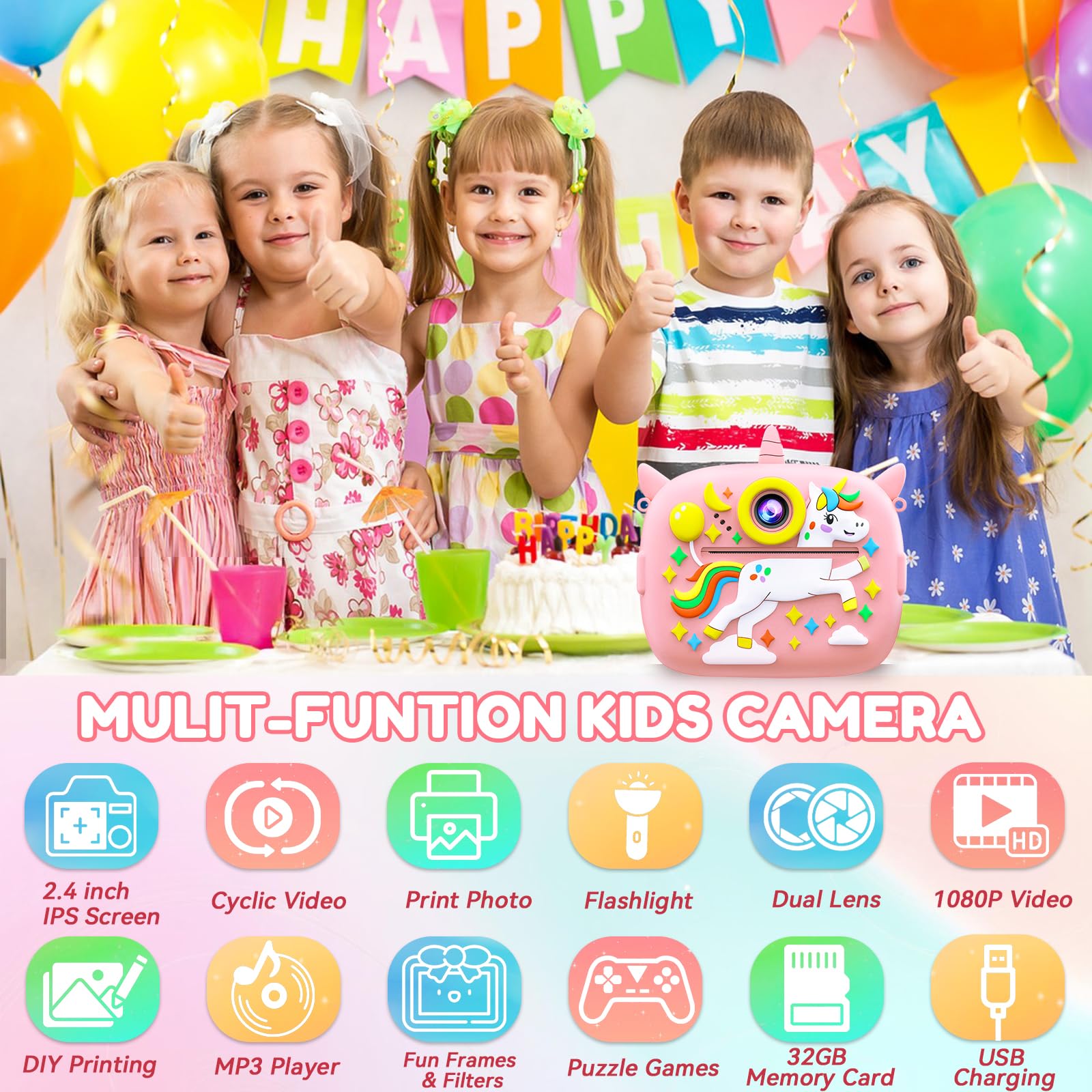 Camara Fotos Infantil Instantanea, 2,4 Pulgada Cámara Instantánea Niños, 1080P Cámara de Fotos Infantil con Tarjeta de 32 GB y Papel de Impresión, Regalo para Ninos de 3 a 12 Anos