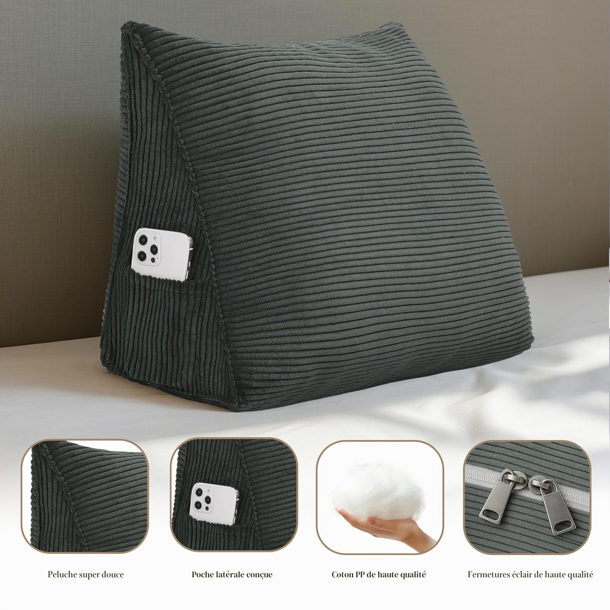 Coussin de Lecture Triangulaire en Velours Côtelé - Support Ergonomique pour Tête de Lit et Canapé - Housse Amovible Lavable (Gris Foncé, 45x35x20cm)
