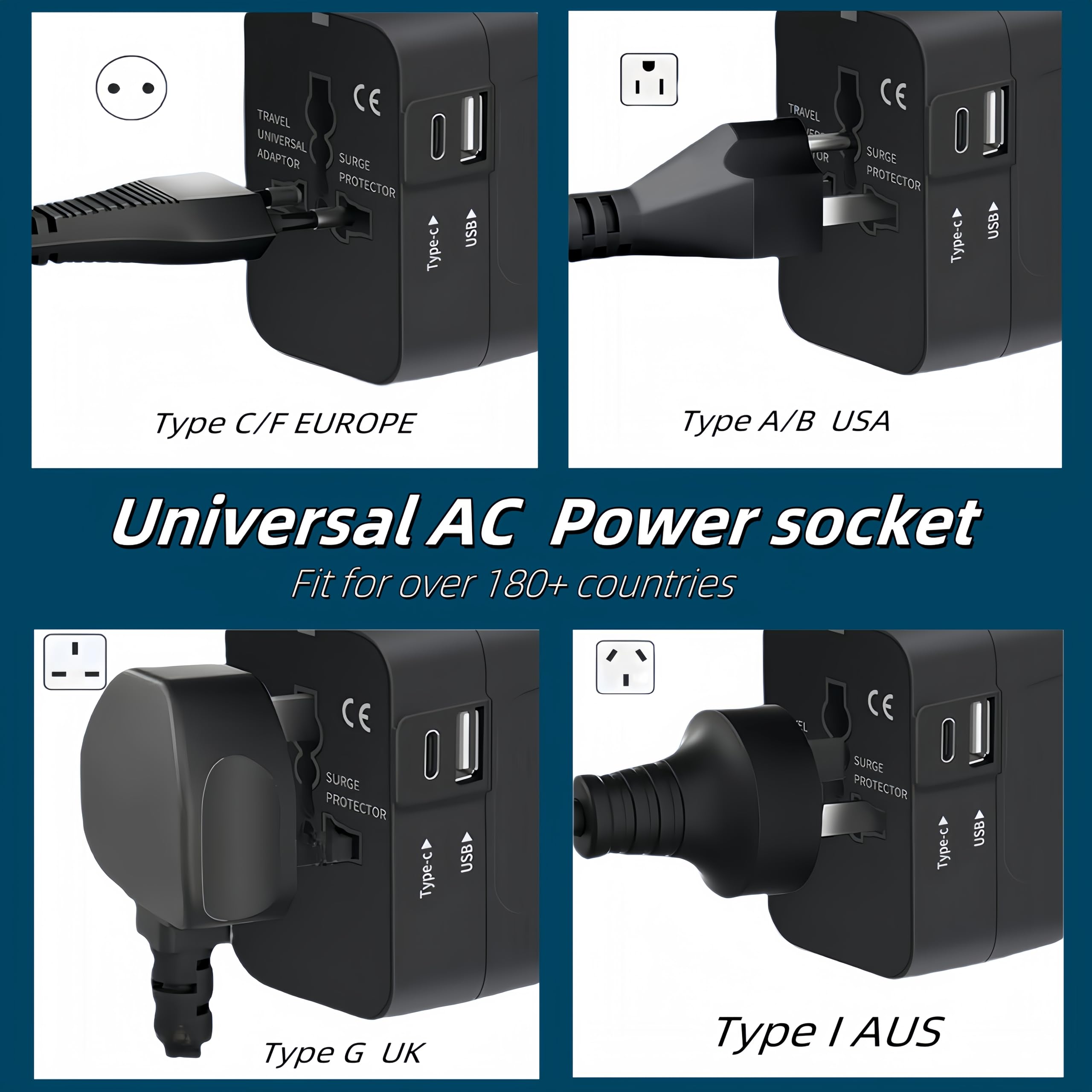 Adattatore Universale da Viaggio,Presa Universale da Viaggio con 1 USB A e 1 USB C,Adattatore da Viaggio Italia Inghilterra Germania America Australia e 150+ Paese