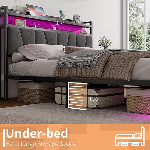Miniatura 6 de AMERLIFE Base de cama LED de tamaño matrimonial con estación de carga y luz LED RGBW, cabecera de almacenamiento tapizada de lino, listones de metal