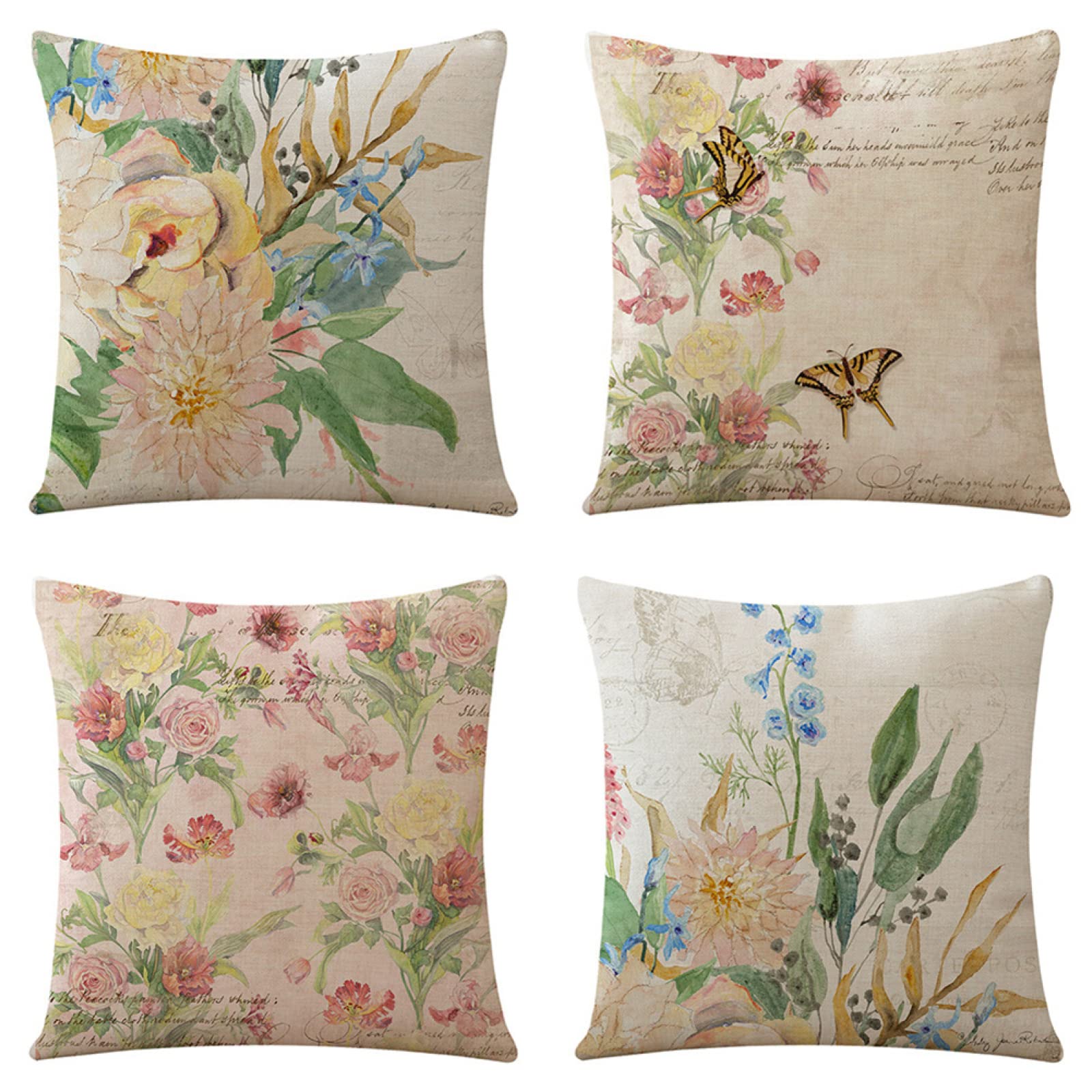 4 Pack Funda de Almohada Decoración Cuadrado Funda de Cojines Funda de Almohada de Navideñas Fundas para Cojines Cuadrado Lino Funda cojin para Sofá Cama Decoración para Hogar 65X65cm Flores ,Color4