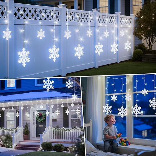 Miniatura 7 de Brightown Luces de copo de nieve de Navidad para exteriores, 13 pies, 192 LED, 16 gotas, 12 modos, temporizador, IP65 impermeable, luces de Navidad