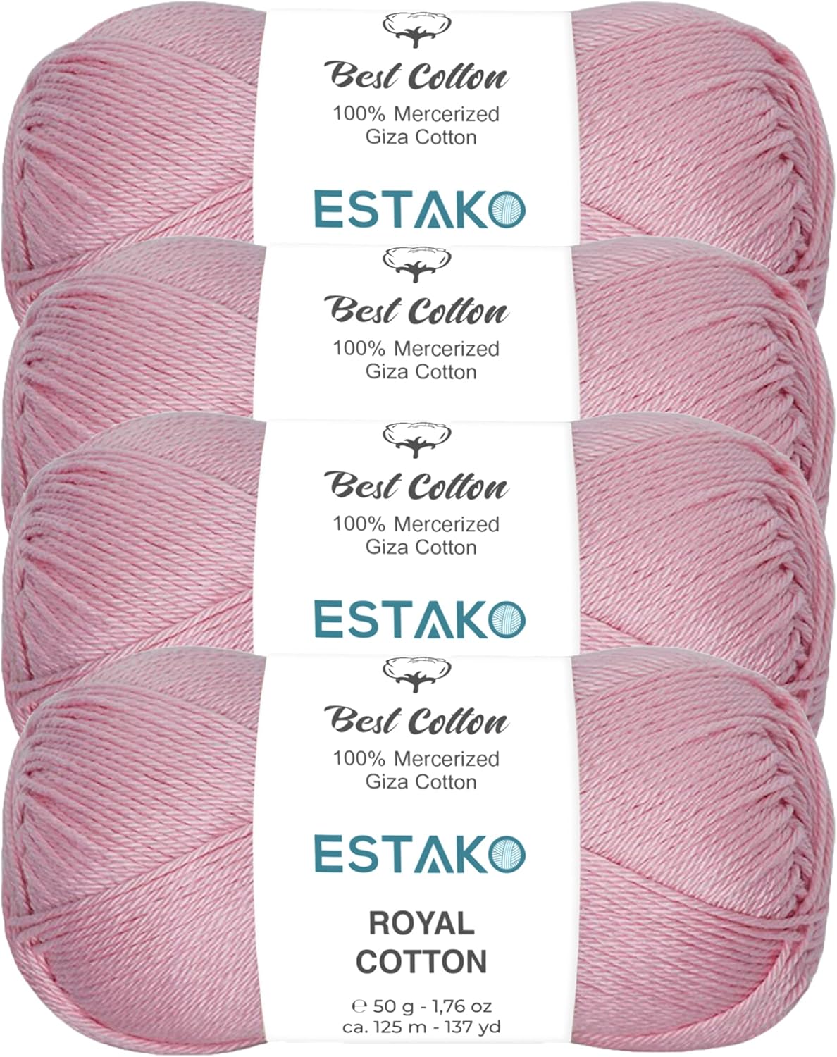 Estako Royal Cotton, (4 Skeins Pack) 100% Mercerized Giza Cotton Yarn, Soft, Super Fino for Crochet and Knitting (4 x 1.76 Oz) / (4 x 137 Yrds) (5096 - Baby Pink)