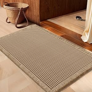 Waffle Bath Mat Beige 36"x24", Boho Woven Modern Bath Mat Rugs, Absorbent Non Slip Bathroom Rugs, Soft Washable Bath Rugs with Tassels for Bathroom, Bedroom, Kitchen, Shower, Tub