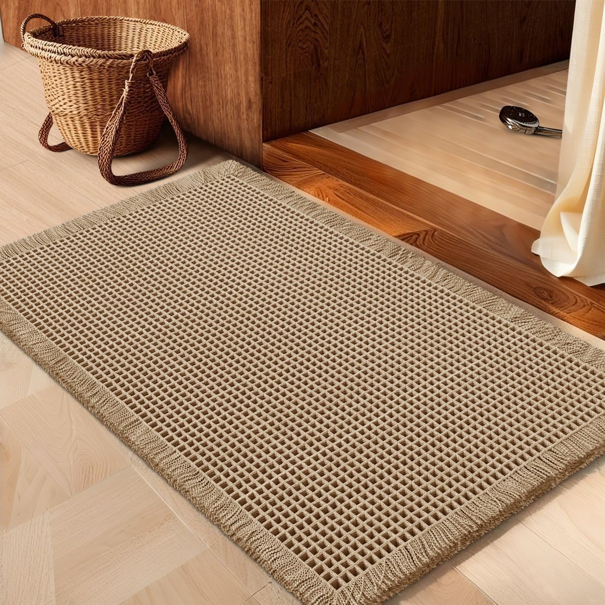 IM HOME Waffle Bath Mat Beige 32x20 Boho Woven Modern Bath Mat Rugs Absorbent Non Slip Bathroom Rugs