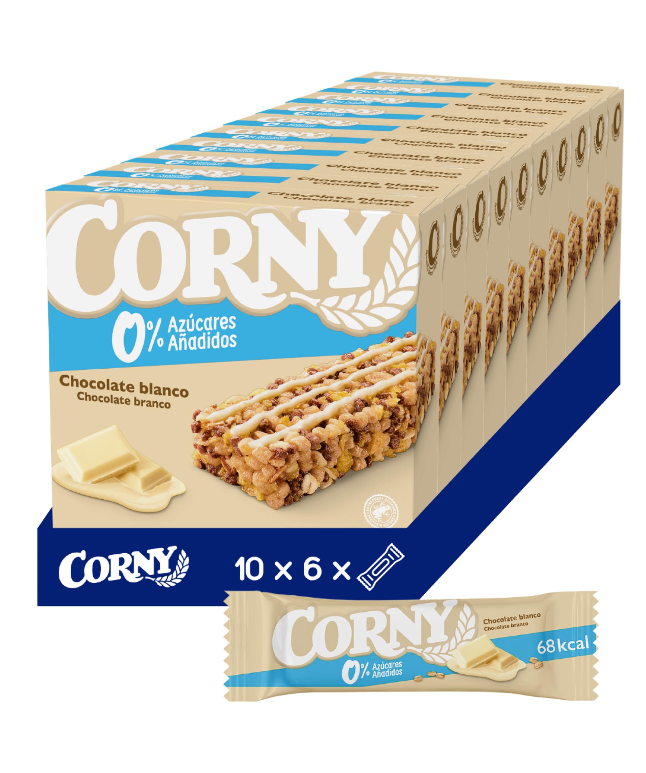 Corny - Barritas de Cereales 0% de Chocolate Blanco, Sin Azúcares Añadidos, Bajo en Calorias y Grasas Saturadas, Fuente de Energía, Fibra y Proteinas, Pack de 10 (60 unidades), 6x20 g