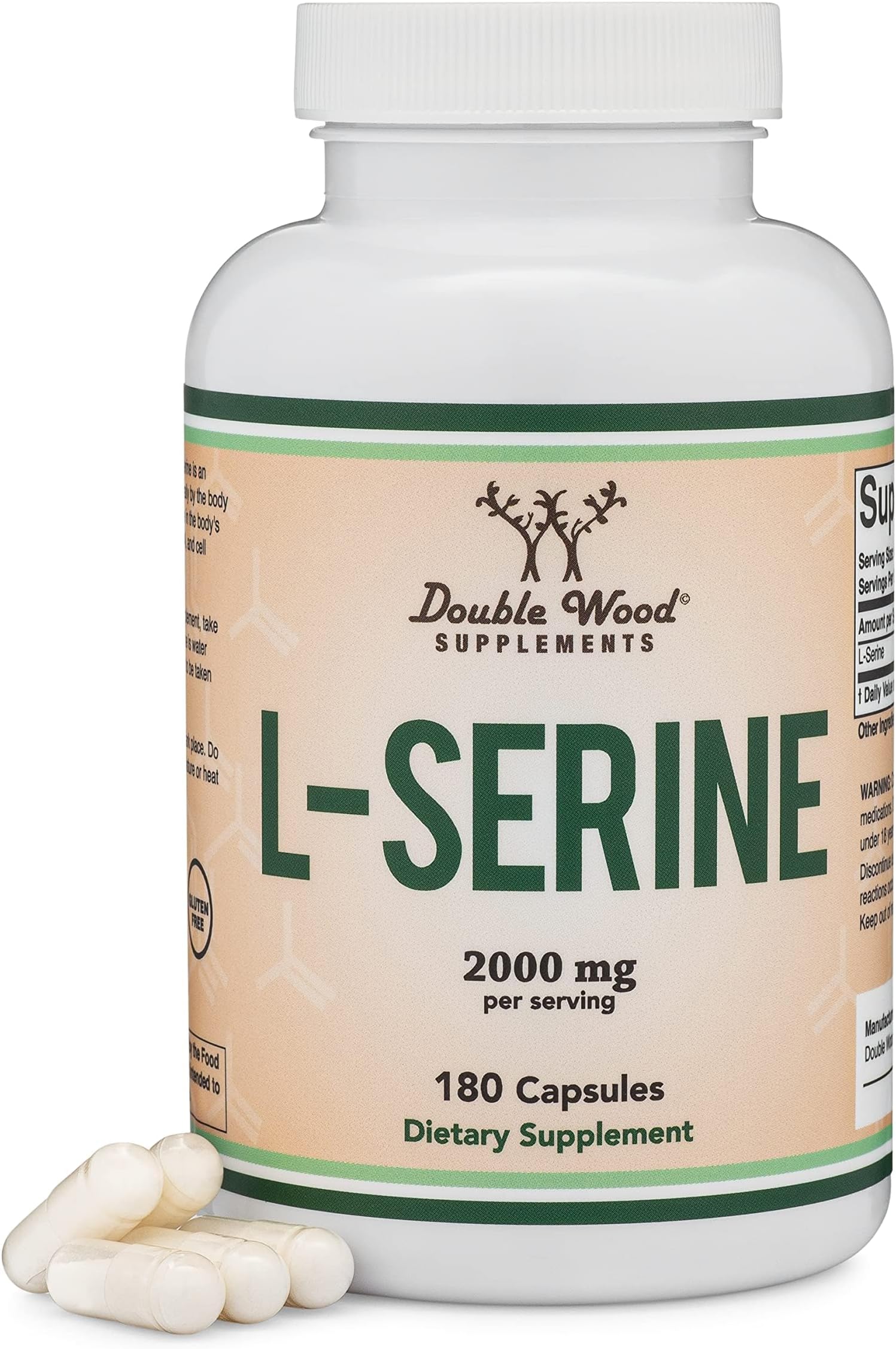Double Wood Supplements L-Serine Capsules (Third Party Tested) - 2,000mg Servings Used In Clinical Study, 180 Count, 500mg per Capsule (Amino Acid for Serotonin Production and Brain Support)