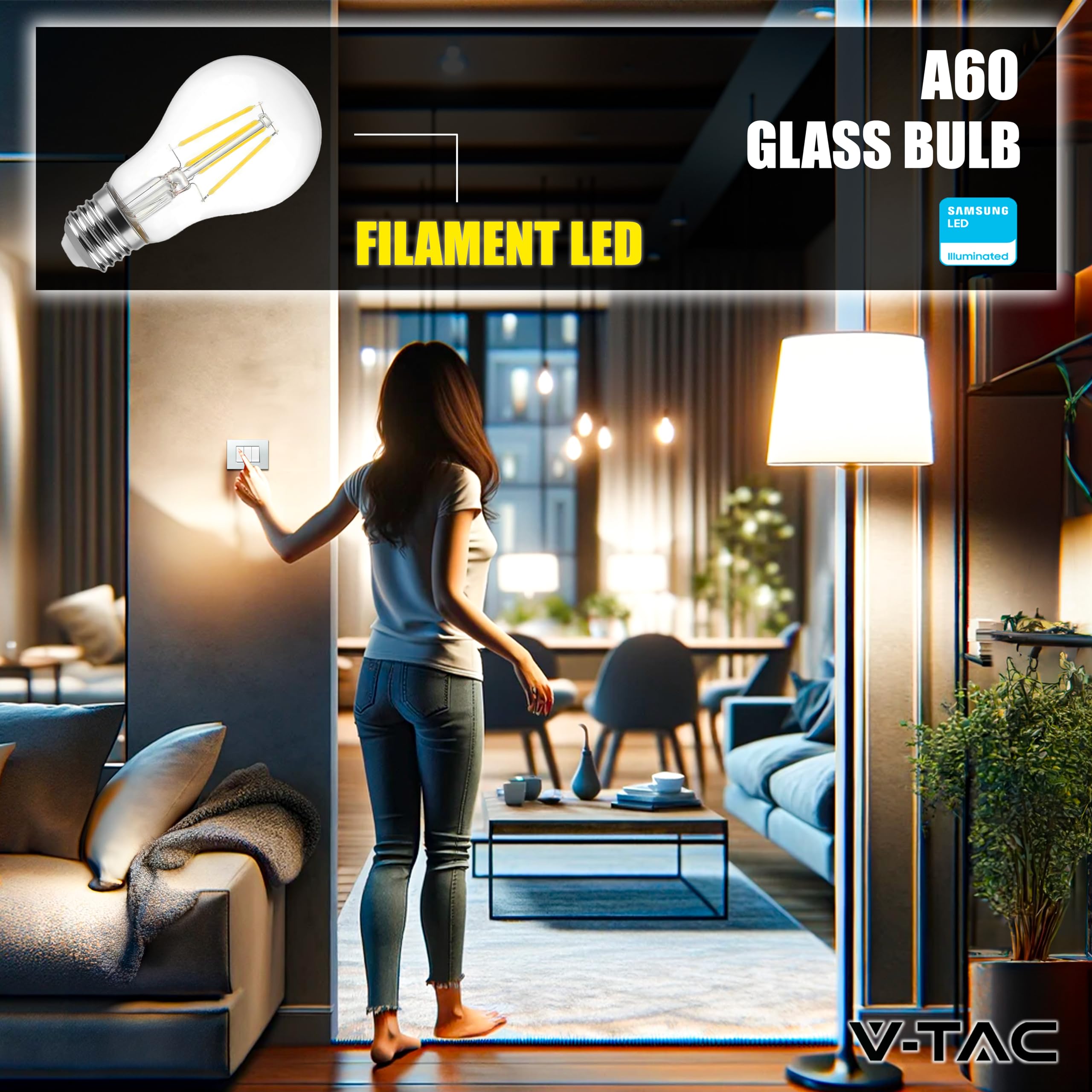 V-TAC 4x Lampadina LED a Filamento con Attacco E27 6W (Equivalenti a 45W) A60-600 Lumen - Lampadine LED Massima Efficienza e Risparmio Energetico - 4000K Luce Bianca Naturale (Confezione da 5)