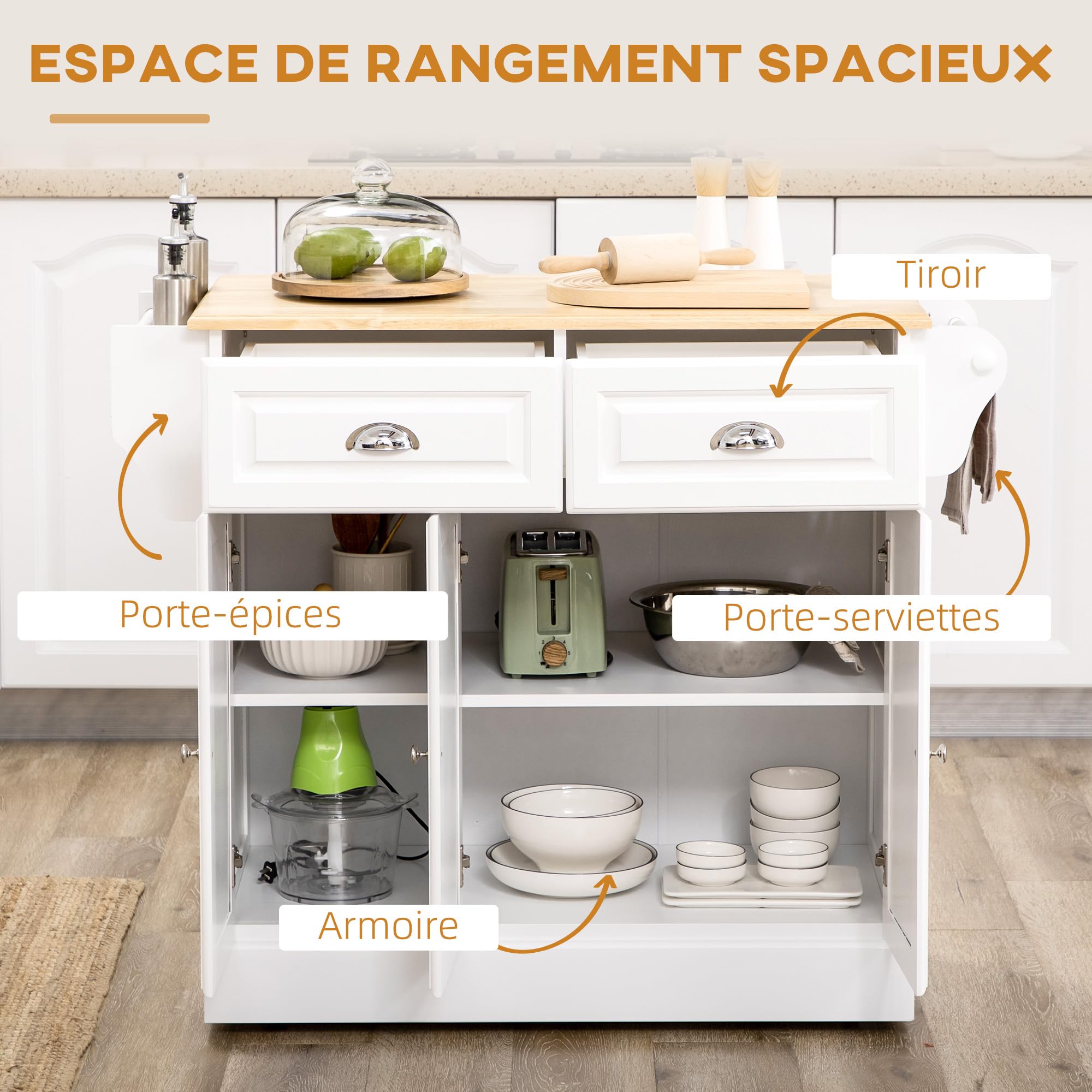 HOMCOM Ilot de Cuisine Chariot de Cuisine à roulettes Desserte Polyvalent avec 2 tiroirs 3 Portes Porte-Serviettes et Porte-épices pour Salle à Manger dim. 110L x 45l x 91H cm Blanc