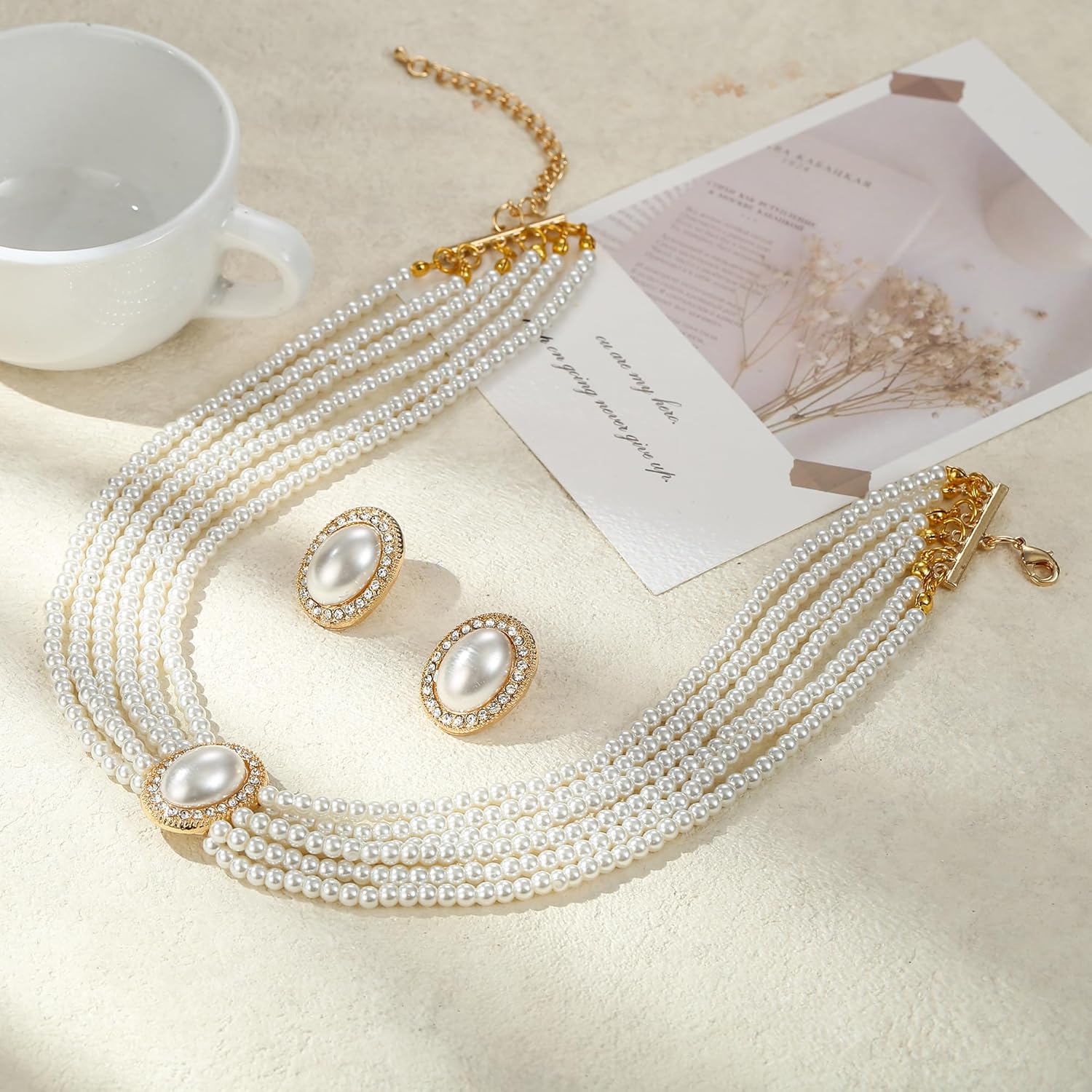 Flyonce 1920s Gatsby Flapper Pearl Jewelry Set, Vintage Art Deco Style Rhinestone Crystal Multi-Strand Pearl Choker Necklace and Stud Earrings Roaring 20s Costume Jewellery Sets for Wedding Party