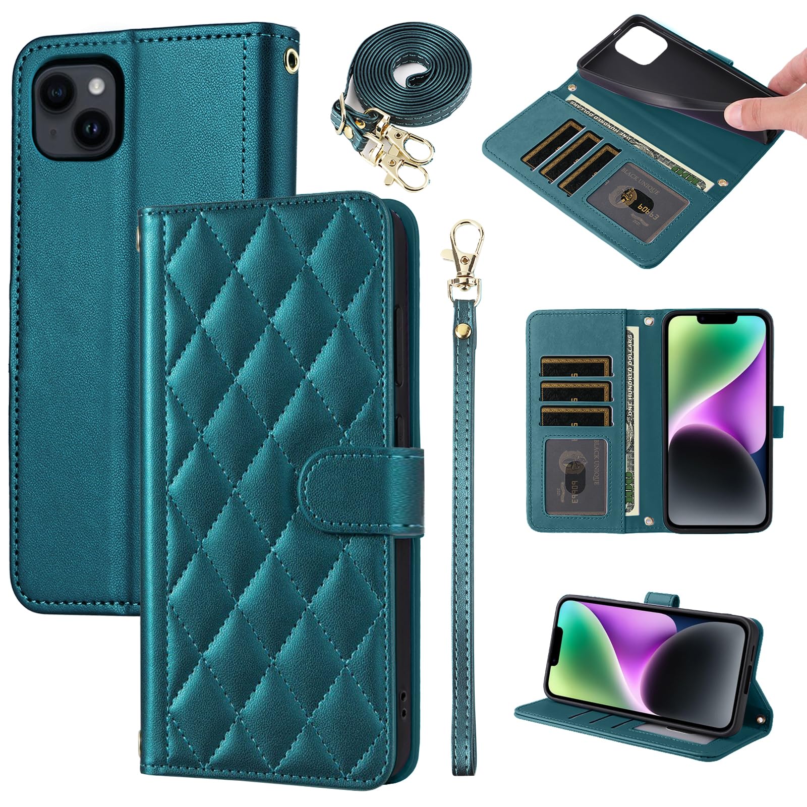 ELISORLI Handyhülle für iPhone 15 Hülle mit Band Kartenfach Klappbar Geldbörse Ständer Leder Dünn Slim Wallet Handykette i Phoenix i-Phone 15hülle Handy Hüllen Schutzhülle Phone Case Dunkelgrün