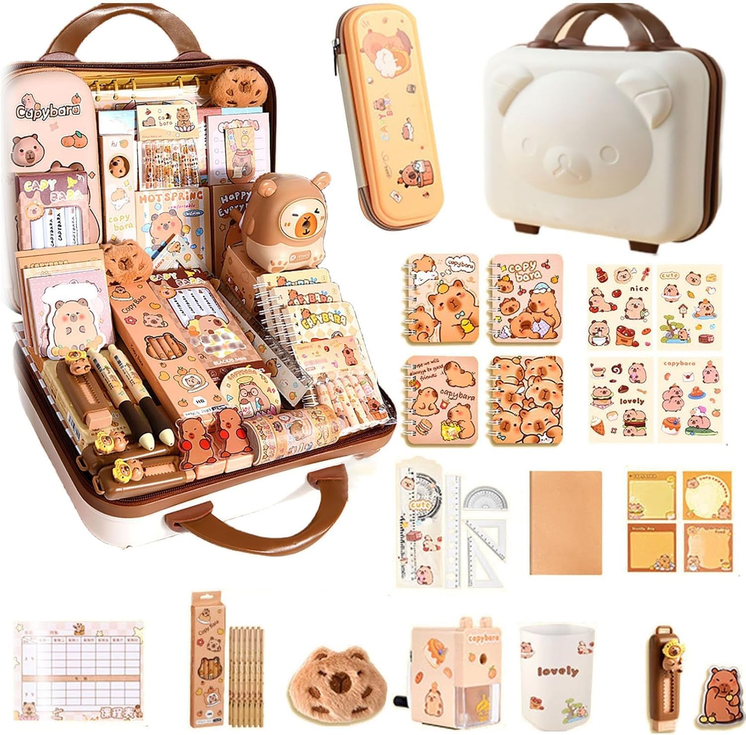 Set di cancelleria capibara, Astuccio per penne per studenti, Capybara stationery con matite, adesivi, temperamatite, Grazioso set regalo di cancelleria per bambini (B)