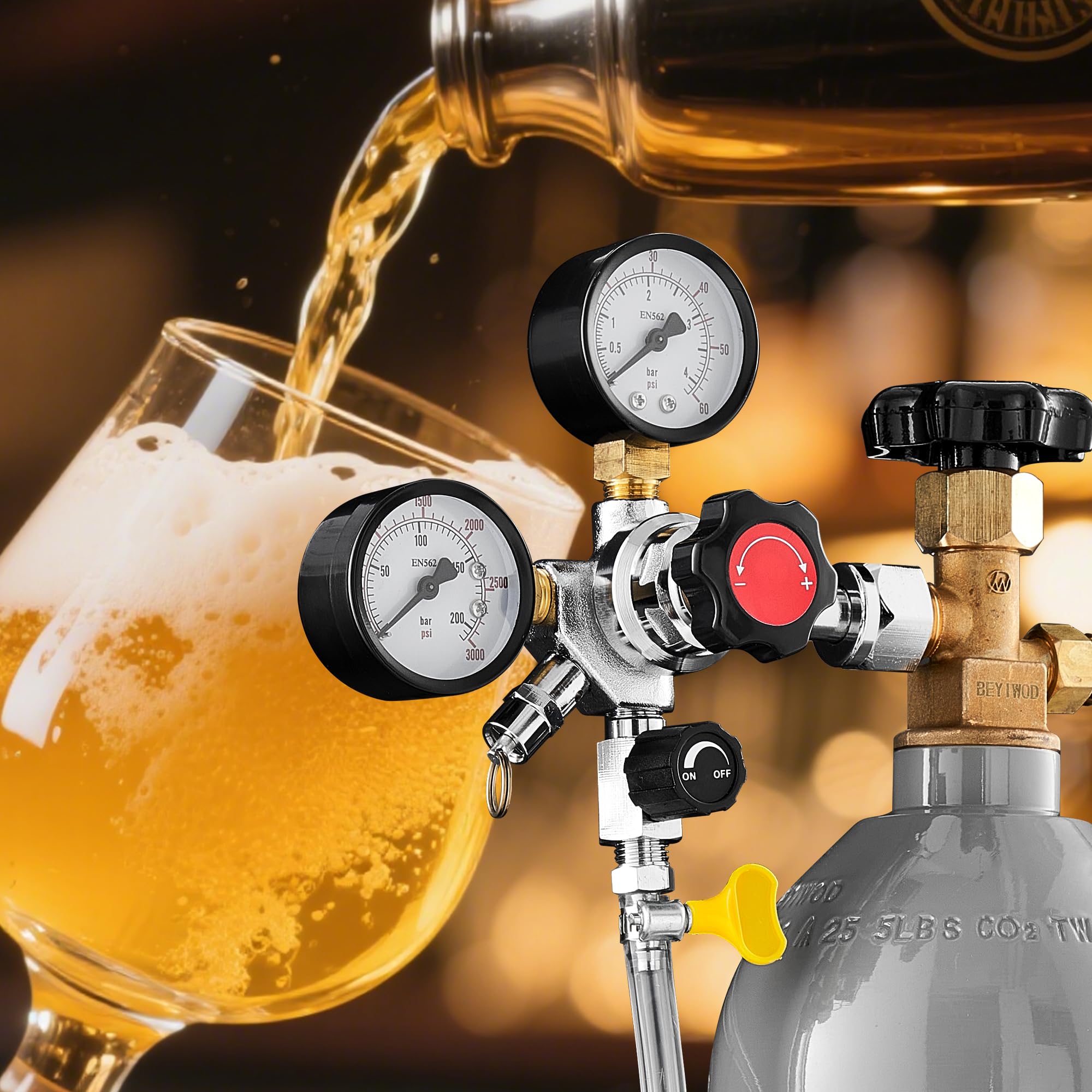 VEVOR Régulateur de CO2, Détendeur pour Tireuse à Bière à Double Manomètre et Valve Unique, Pression Réglable 0-60 psi, Compatible avec Raccord W21,8, pour Bière Pression et Réfrigérateur à Fût