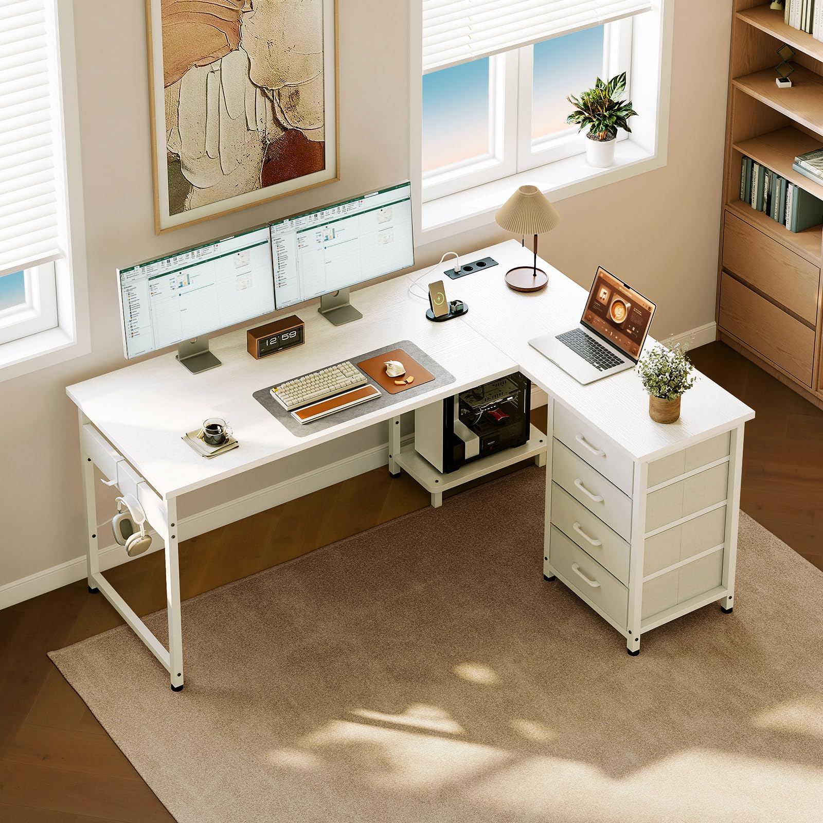 ODK Escritorio Esquinero con Cajones, 135×100 cm Escritorio en L con Enchufes y Puerto de Carga USB, Escritorio Esquina Reversible con Almacenamiento para Oficina en Casa, Blanco