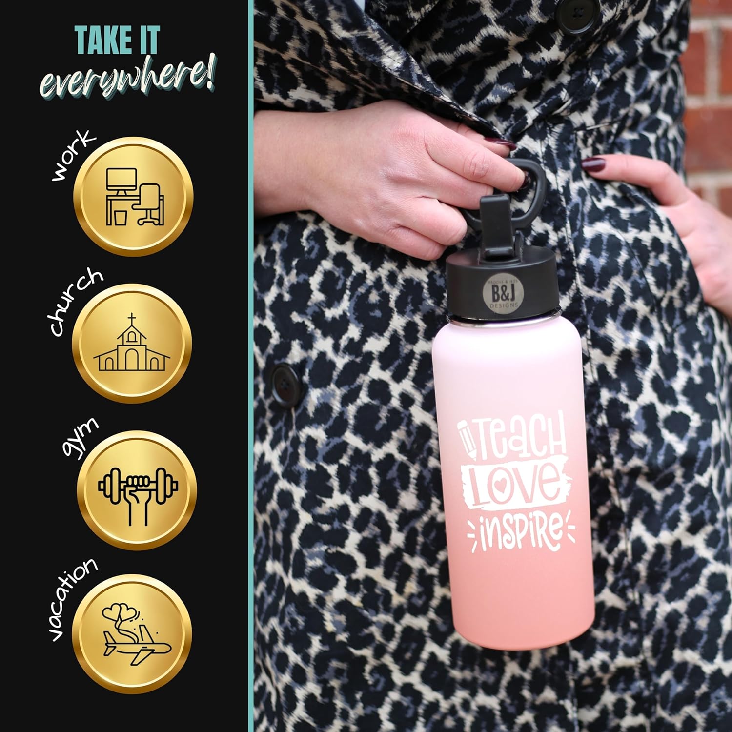 Brooke & Jess Designs Water Bottle, 32 oz, Stainless Steel, Teach Love Inspire Blush, Travel Mug, Double Wall, Insulated, Reusable, Hot Drinks, Teacher Gifts