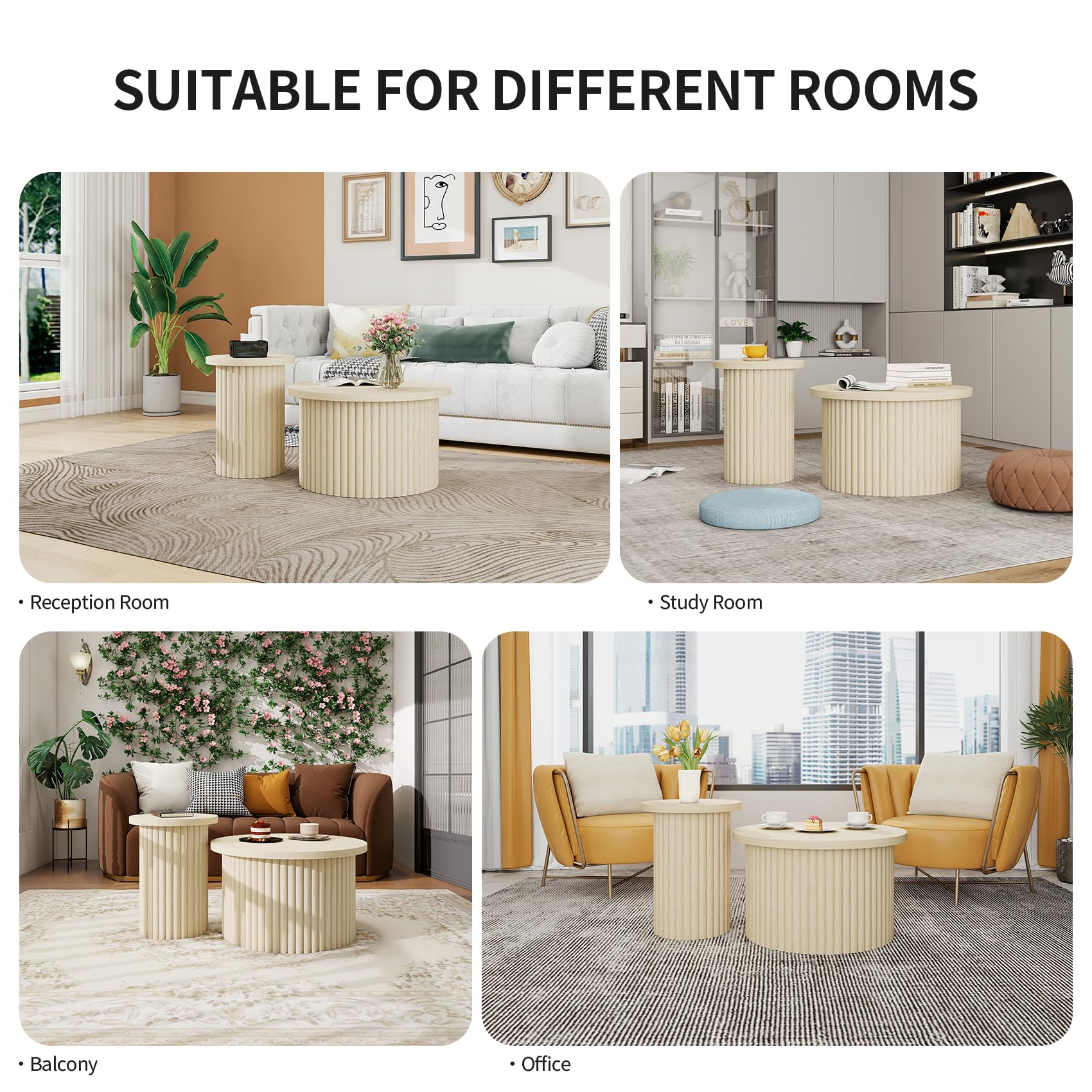 Modernes 2er Set runder Couchtische mit Wellenförmigem Design und Holzmaserung, Naturfarbe – Stilvolle Beistelltische für Wohnzimmer, Schlafzimmer, Arbeitszimmer, Balkon