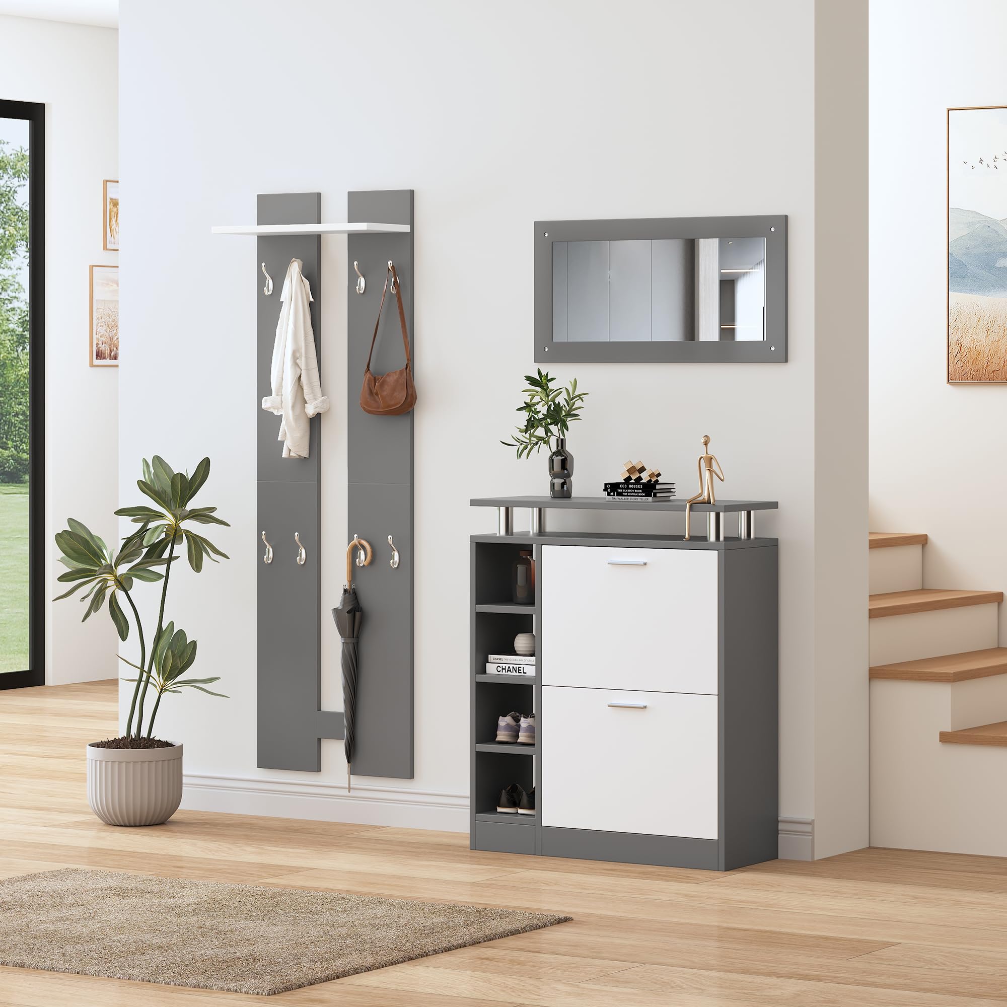 Mueble de Recibidor con Espejo Perchero y Zapatero, Juego de Perchero de Pared con Barras de Colgar y Ganchos, Conjunto de Armario para Entrada Pasillo, Gris