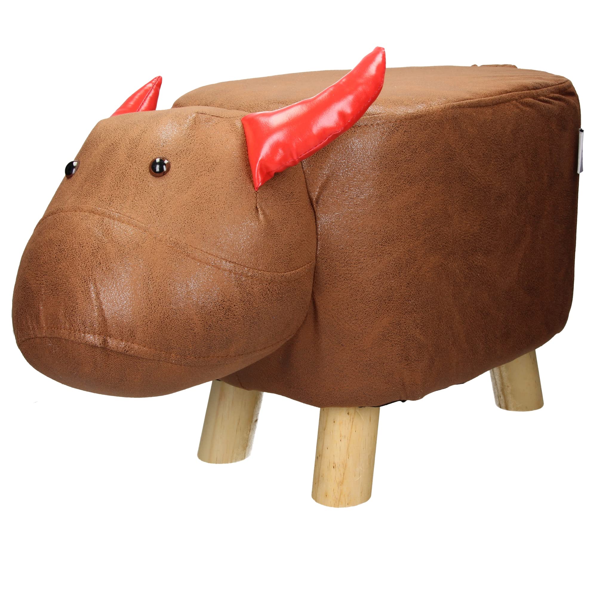 Poggiapiedi Sgabello per Bambini a Forma di Vitello 68 x 30 x 37 cm Marrone e Rosso in Pelle Sintetica Pouf Imbottito con Gambe in Legno Massello Ottomano per Soggiorno e Camera Bambini