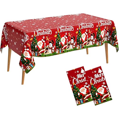 Merry Christmas Tablecloth Plastic 2 Pack Disposable Christmas Table Cloth Rectangle Christmas Tree Santa Snowman Snowflakes Tablecloths Xmas Table Cover for Winter Holiday Christmas Party 54x108 Inch