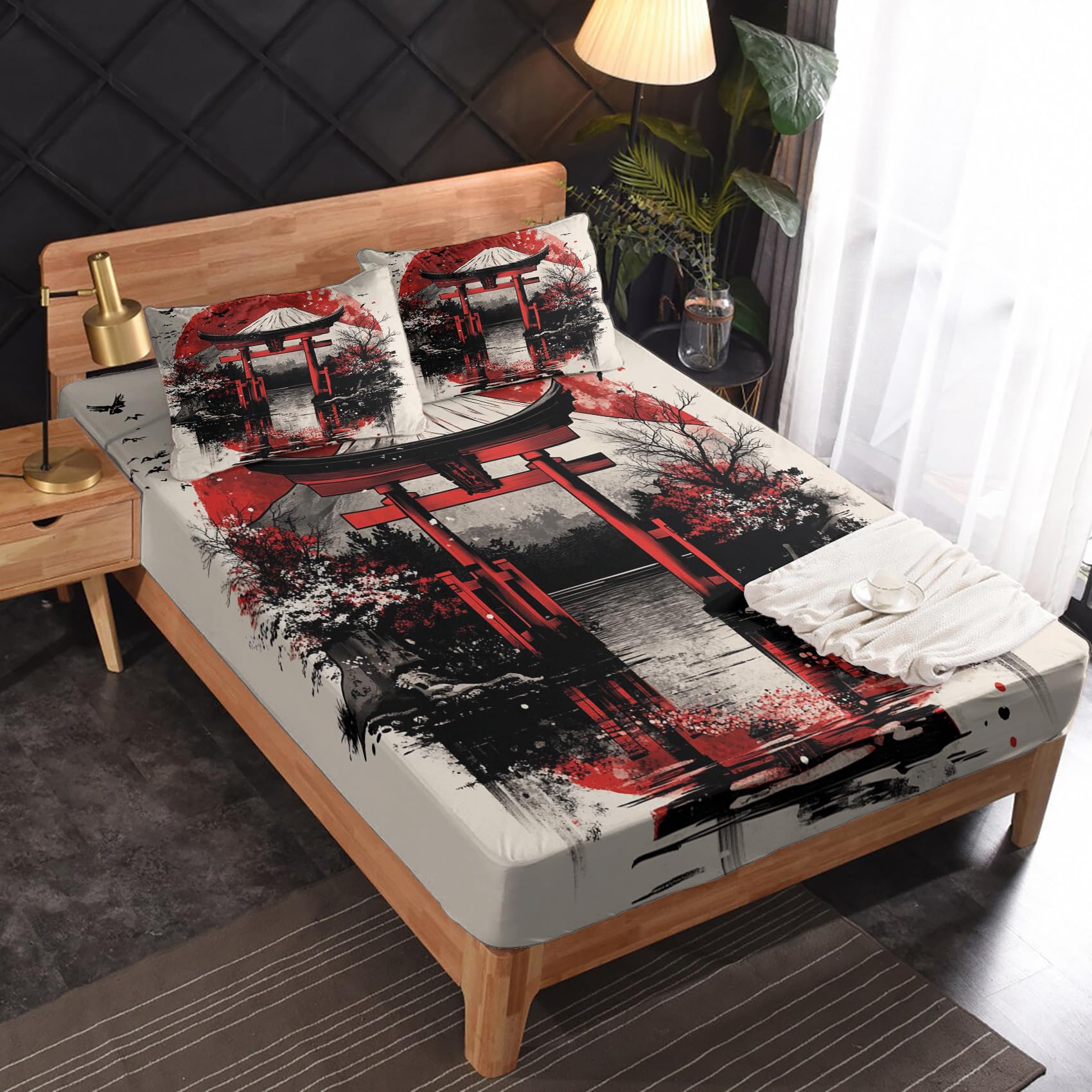 Zvynqour - Japanese Torii King Size Sheet Set - Japanese Style Sheet Set - 4 Piece Bedding with 16" Deep Pocket - Japanese Bedroom Decor