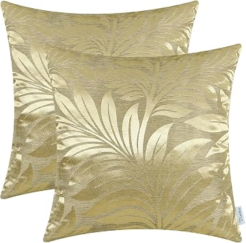 CaliTime Pack of 2 Throw Pillow Covers Cases for Couch Sofa Home Decor Shining & Dull Contrast Tropical Fern Leaf 18 X 18 Inches Gold