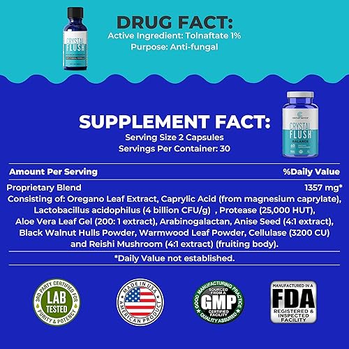 Miniatura 4 de Crystal Flush Sistema de lucha contra hongos de 2 pasos fórmula de solución antihongos Tolnaftate al 1 y cápsulas de apoyo inmunológico tratamiento