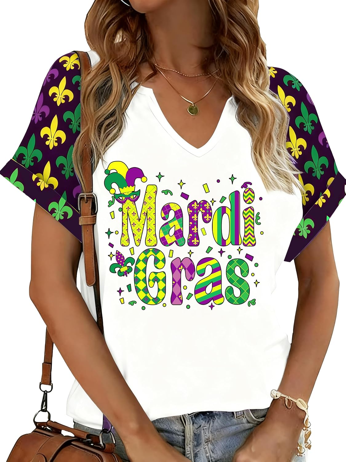 Women Funny Carnival Outfits T Shirts New Orleans Party V Neck Short Sleeve Tee Tops