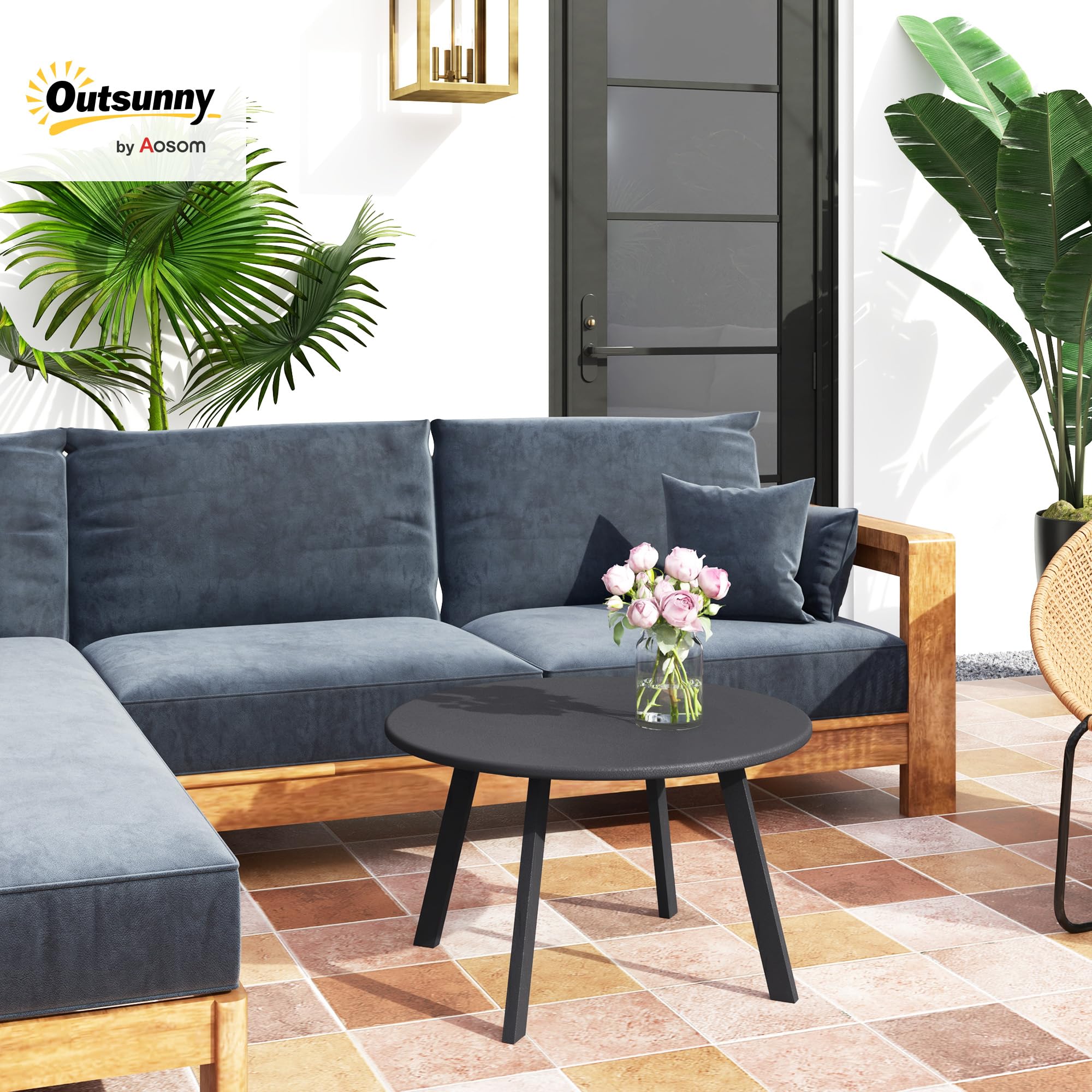 Outsunny Mesa de Centro de Jardín Redonda de Metal Mesa Auxiliar con Bordes Redondeados Patas Antideslizantes Mesa de Café para Patio Balcón Salón Ø70x42 cm Negro