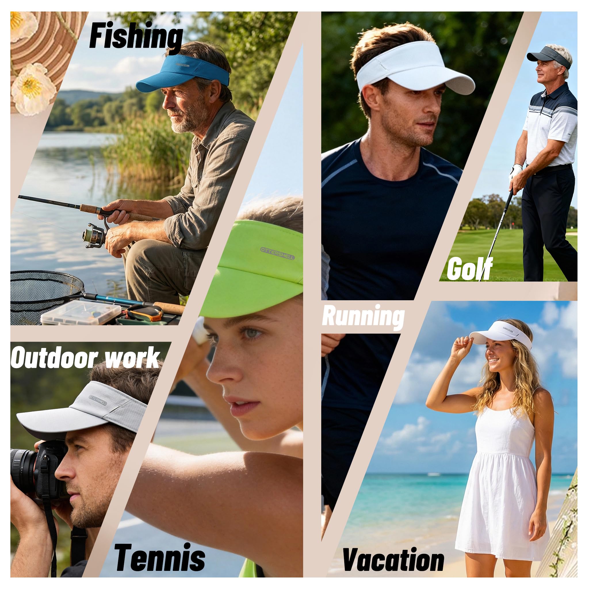 OTTERSHELL Pare-soleil de sport avec fentes pour lunettes, visière athlétique réglable pour la course, le golf, le tennis, la pêche.
