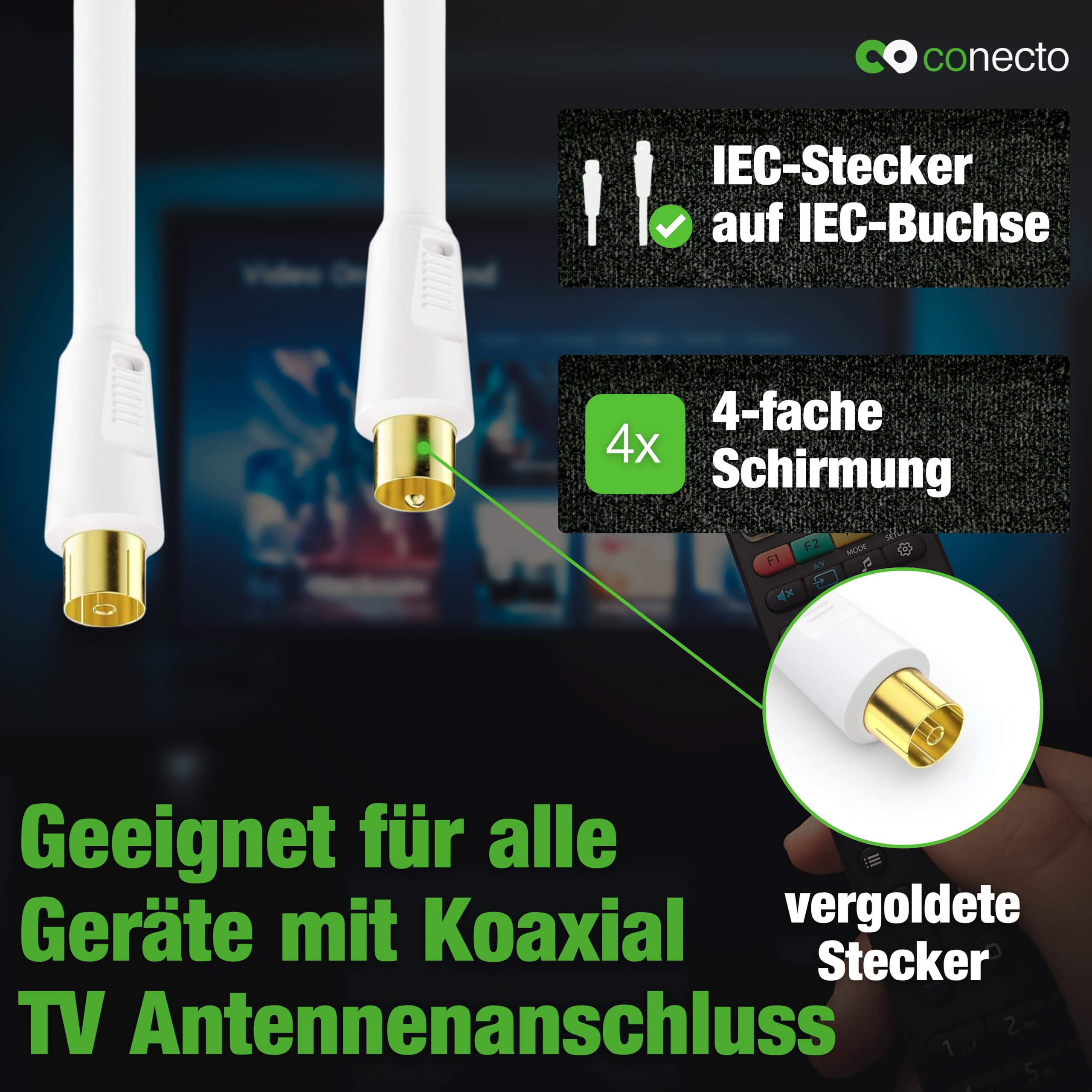conecto Kabel antenowy, kabel koncentryczny TV 3,0 m, 4-krotnie ekranowany, wtyczka IEC z ferrytem, do HDTV, odbiornika, satelity, DAB, radia, biały