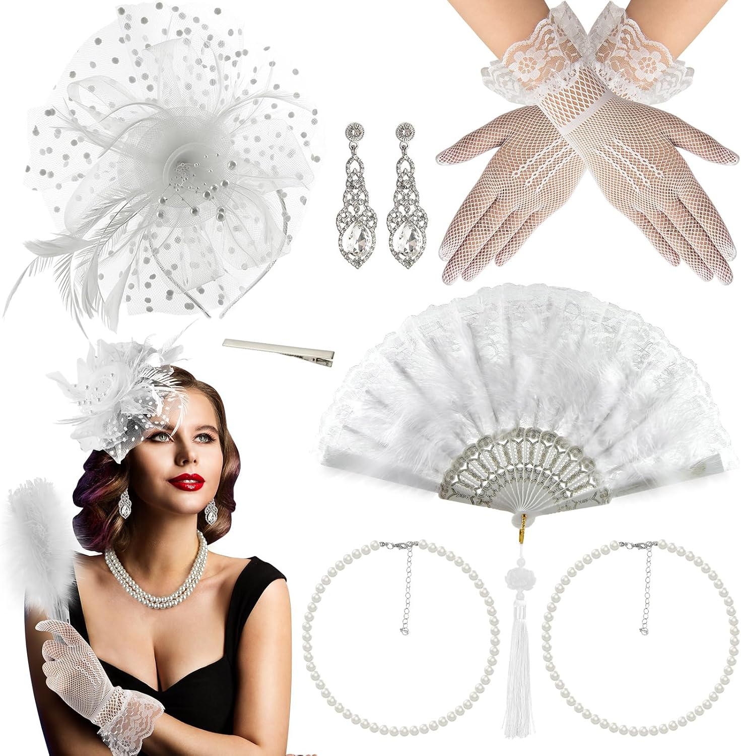 Mototo 6 Set Fascinator Hats for Women Tea Party Gloves Set Include Mesh Hats Lace Gloves Pearl Necklace Earring for Women
