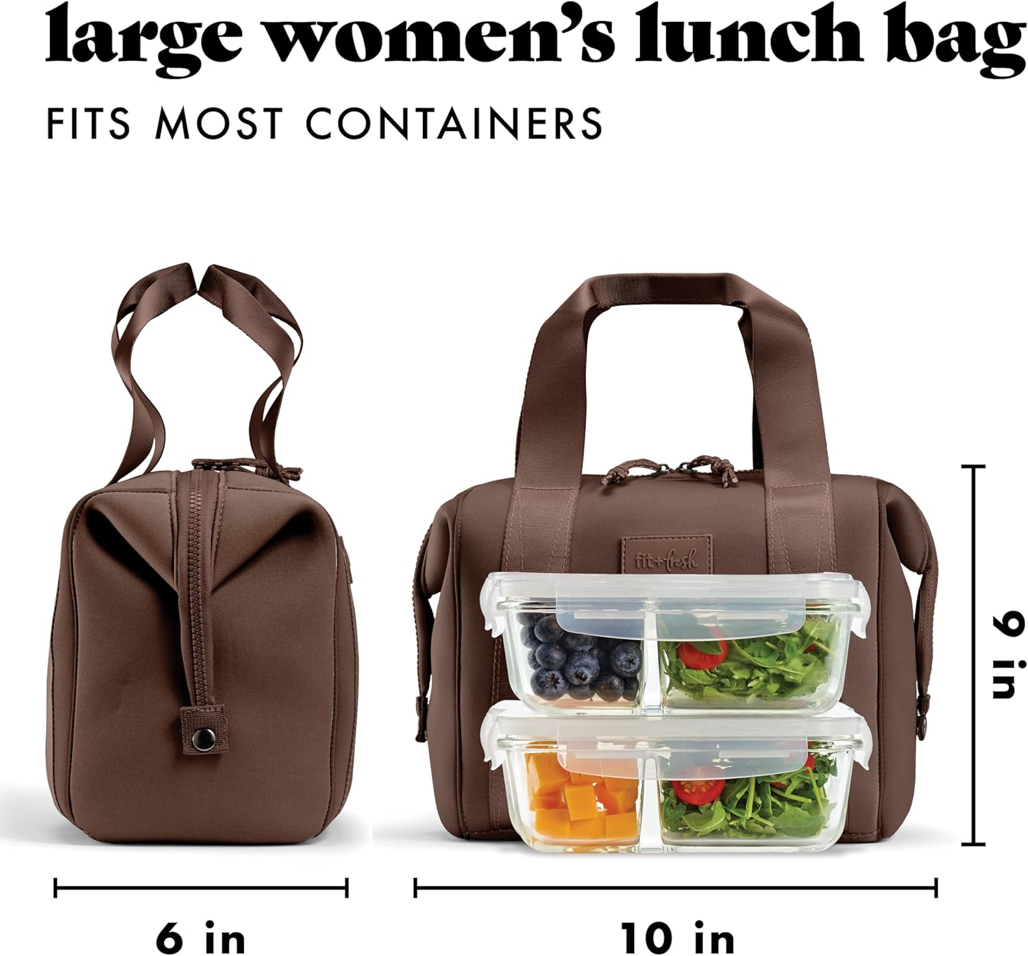 Fit & Fresh Remi Neoprene Lunch Bag For Women - Meal Prep Kit with Containers & XL Ice Pack, Self Insulating Neoprene-like Material, Machine Washable Lunch Bag, Tear & Stain-Resistant, Chocolate
