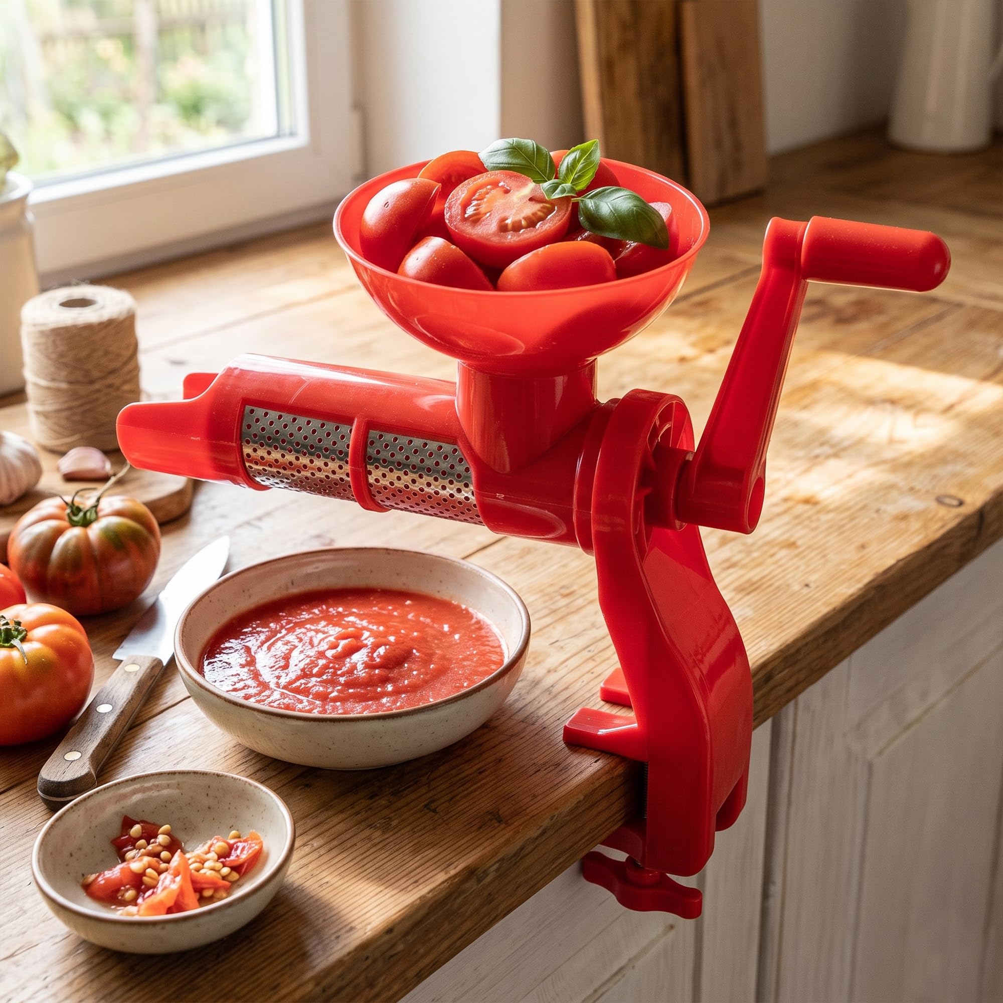 KADAX Manuelle Tomatenpresse, Passiermühle aus Edelstahl und Kunststoff, Tomaten Entsafter, Passiermaschine mit Handkurbel, Trichter, Passiersieb & Tischklemme