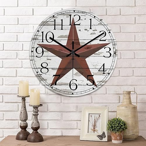 Miniatura 10 de Reloj de pared redondo de estilo retro con estrella de Texas occidental, reloj de madera, silencioso, sin tictac, funciona con pilas, con números