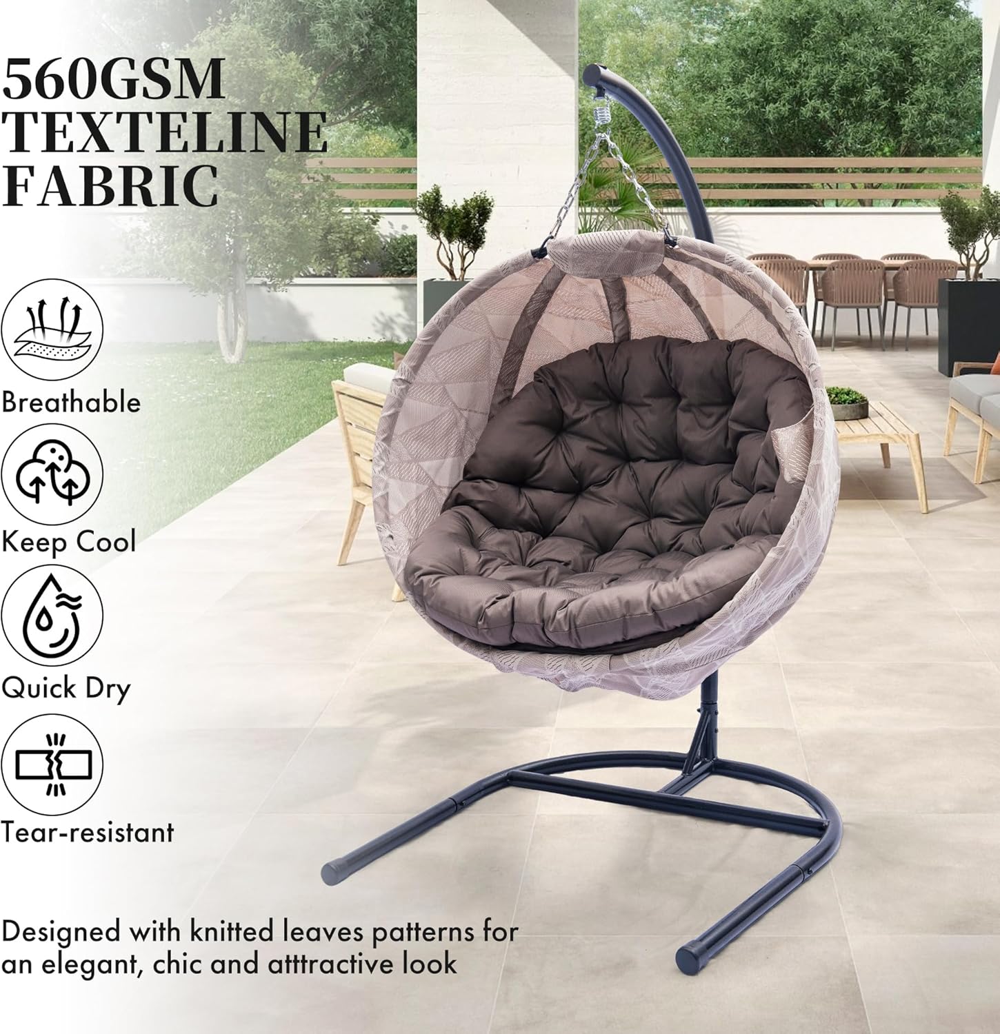 Hanging Egg Chair with Stand - Hanging Ball Chair W/Plush Cushions,Weather-Resistant Fabric, Indoor Outdoor Foldable Swing Chair for Patio, Balcony, Yard & Living Room (Brown & White)