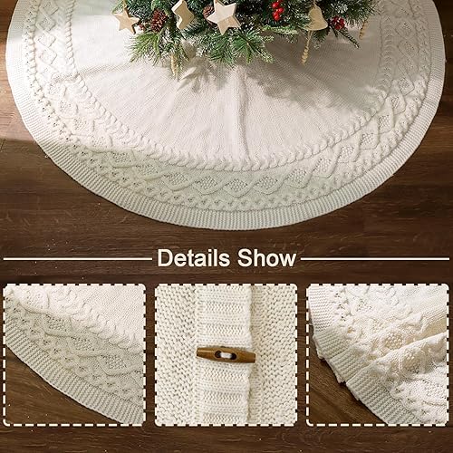 Miniatura 2 de LimBridge Faldón de árbol de Navidad de punto 60 pulgadas extra grande falda de árbol blanco crema, combo de punto de cable de diamante,