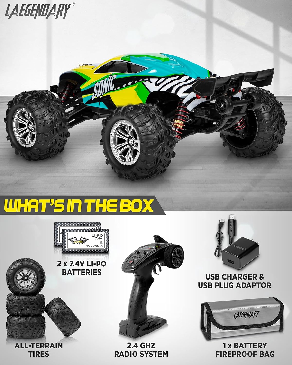 Creative Product LAEGENDARY RC Car - Off Road Remote Control Car for Adults & Kids, Waterproof All Terrain 4x4 Truck w/ 2 Batteries - 1:16 Scale, Brushless, Green - Black