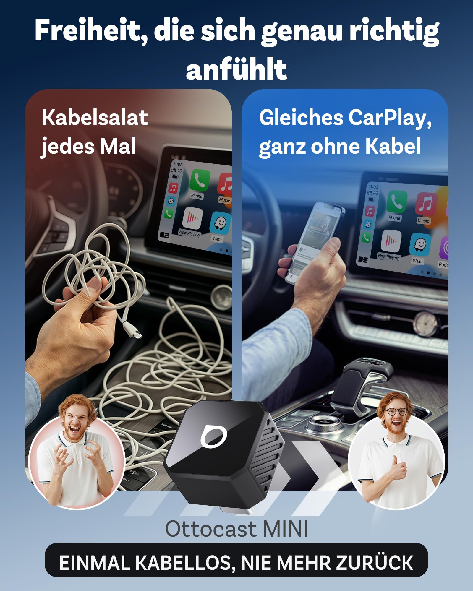 2026 Upgrade Ottocast Mini Pot, Wireless CarPlay & Android Auto Adapter, Plug & Play, WLAN 2.4G+5G, Automatische Verbindung, Kompatibel mit Autos ab 2016 mit kabelgebundenem CarPlay/AA (Schwarz)