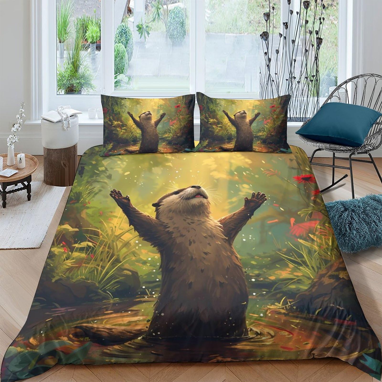 Ctjqhvkz Style-9 3D Printed Forest Otter Fitted Sheet Microfiber Soft Bedroom Decor Woodland Animal Mattress Cover Single（135X200cm）