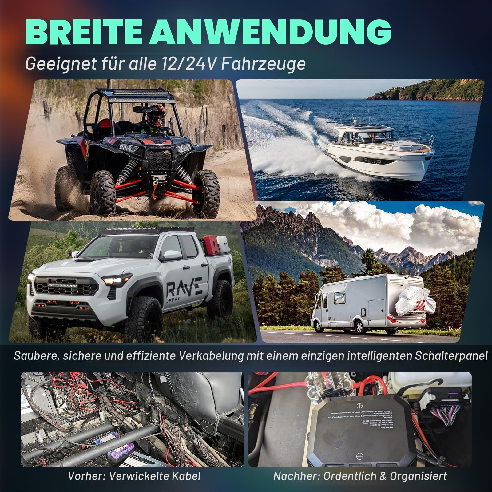 Chelhead 8 Gang Kabelloses Schaltpanel Kit Steuerung bis zu 81m 12-24V | Schaltkreissteuerung Relais-Systembox Multifunktions-Schaltpanel 4 Lichtsteuerungsmodi kompatibel mit Marine ATV UTV SUV Boot